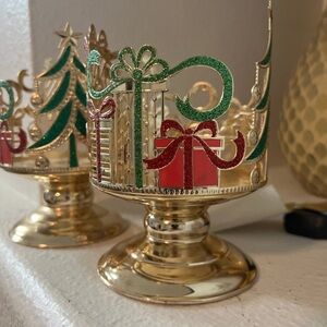 Bath & Body Works Gold Candle Holder with Green and Red Accents